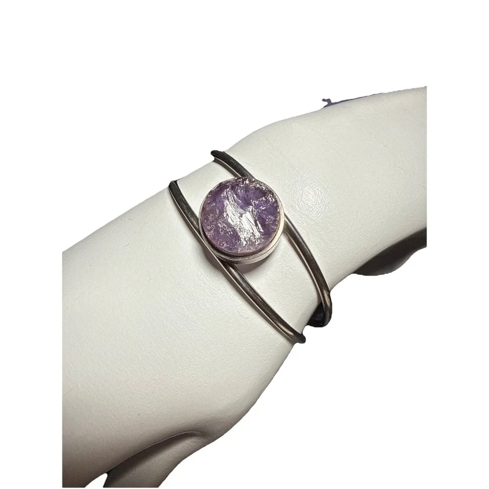925 Sterling Silver Cuff Bracelet W Raw Amethyst Round Stone Denmark‎ J20-1